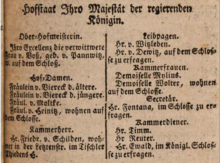 Hofstaat der Königin
(aus Adresskalender Berlin und Potsdam 1786)