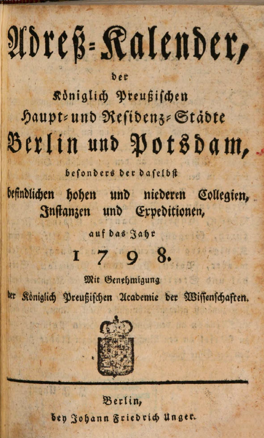 Titel Adresskalender Berlin und Potsdam 1786